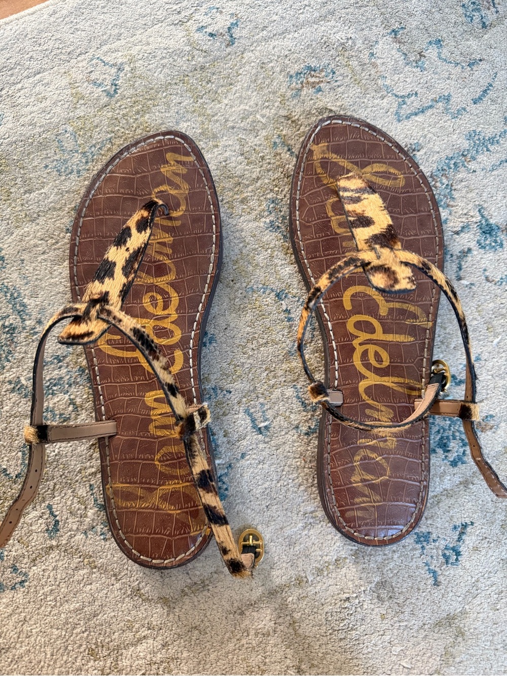 Sam Edelman Leopard Haircalf T-Strap Sandals - Brown/Black